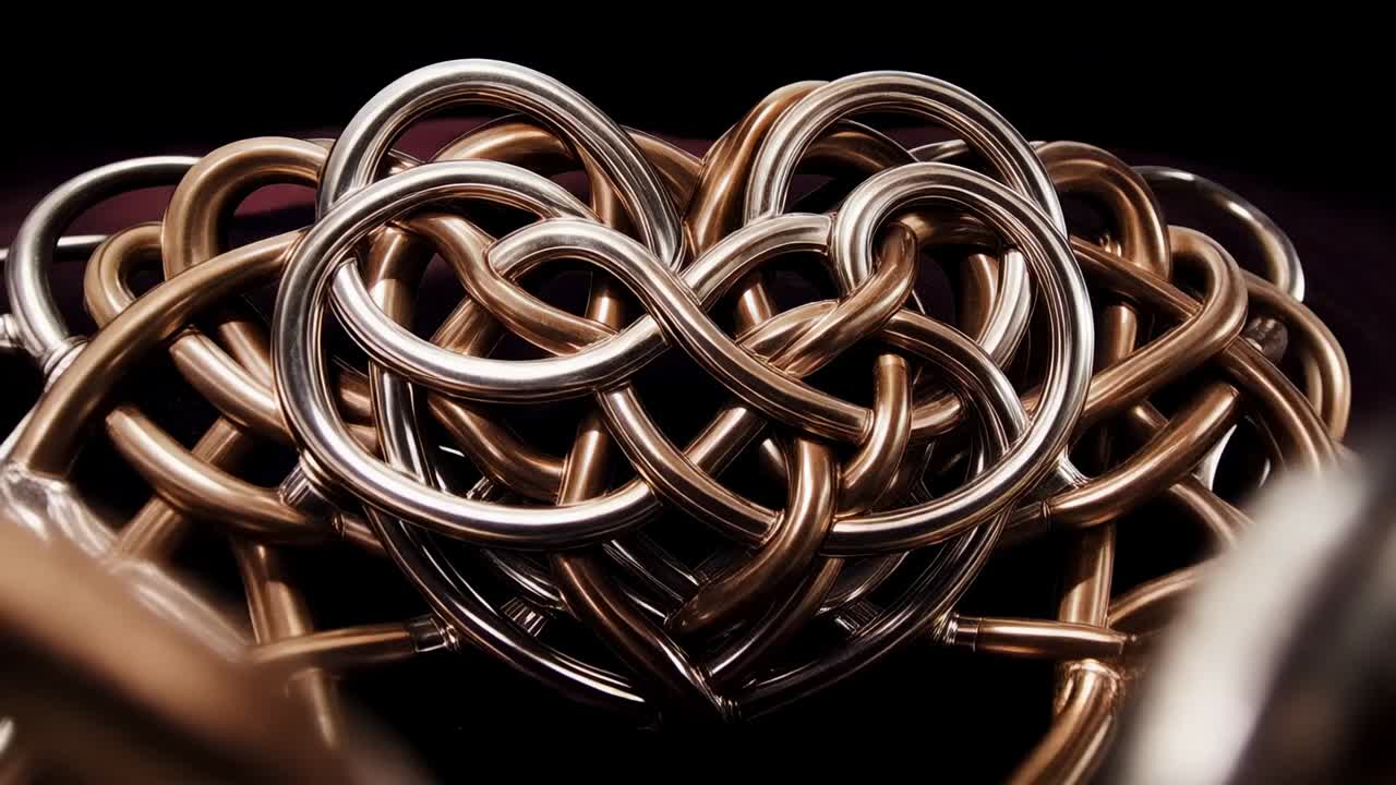 Moving camera as shot begins, revealing interlinked bronze and silver rings on studio tabletop