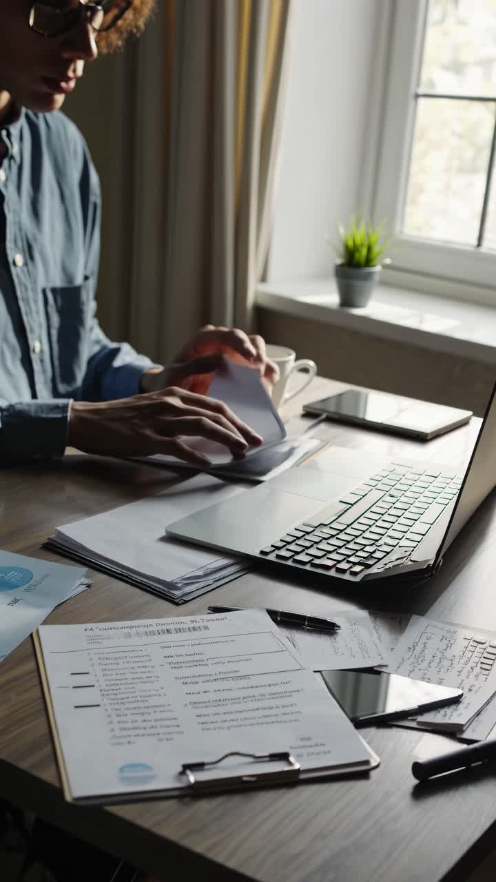 A video still shows a side-angle view of a person working at a desk with a laptop, papers