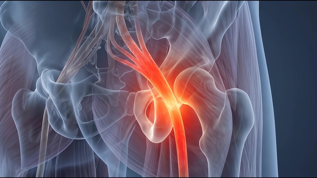 Animazione medica del dolore al nervo sciatico nell'anca umana