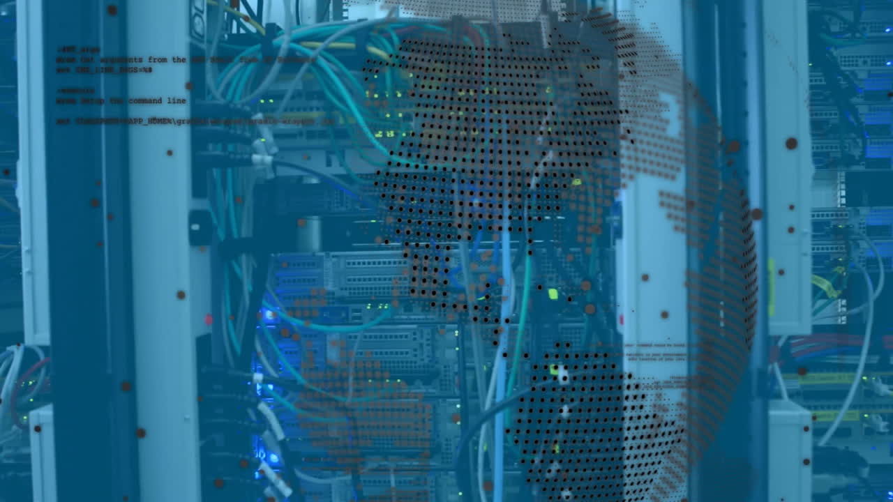 Animation of globe and data processing over server room
