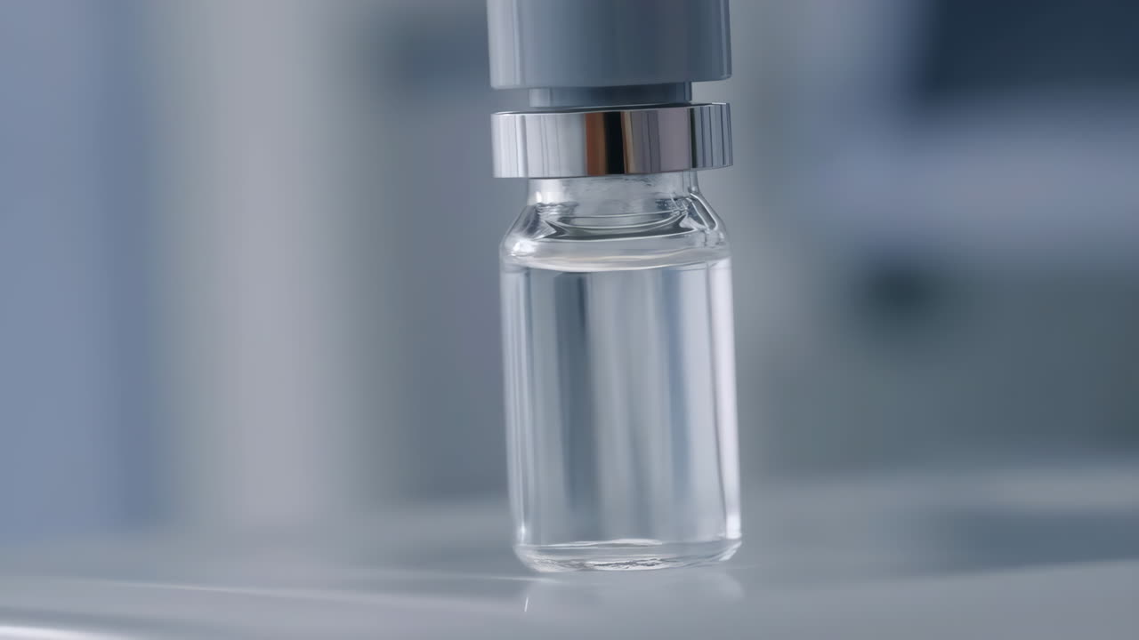 A clear glass vial with liquid in a laboratory setting