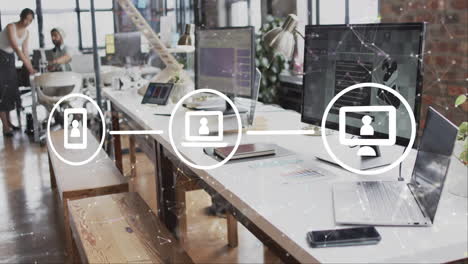 animación de iconos digitales y procesamiento de datos en la oficina