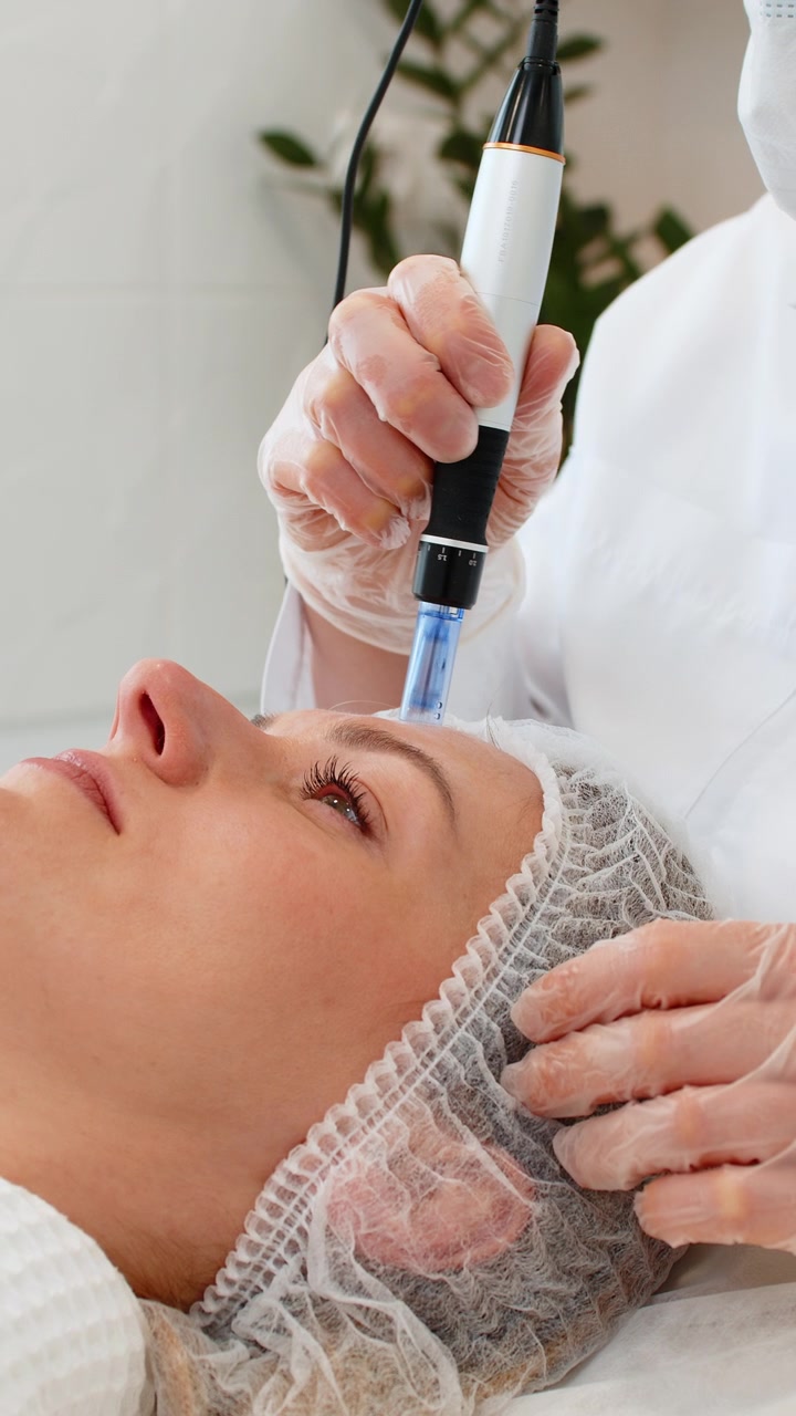 Donna caucasica riceve mesoterapia senza aghi con dispositivo di elettroporazione in una clinica estetica spa