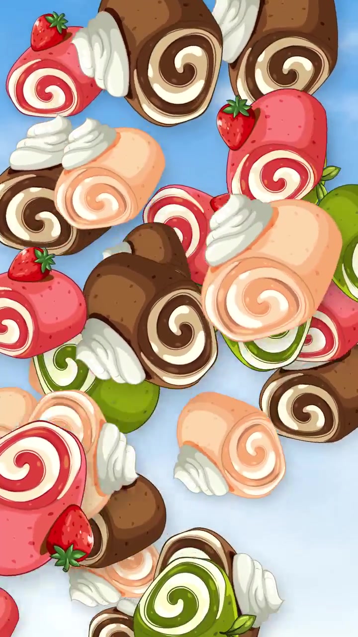 Aneka kue bolu gulung Swiss berwarna-warni dengan krim dan stroberi jatuh melalui langit biru