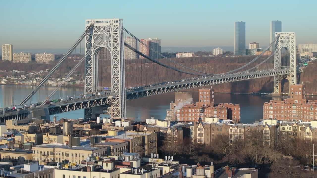 Aerial view of the George Washington Bridge. Shot along The Hudson River in Washington Heights.