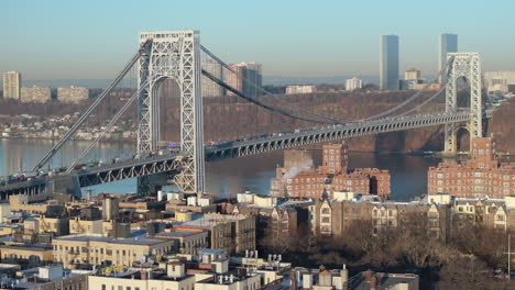 aerial view of the george washington bridge. shot along the hudson river in washington heights.