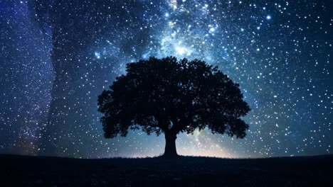 a tree is silhouetted against the night sky. the sky is filled with stars and the moon is visible. the scene is peaceful and serene