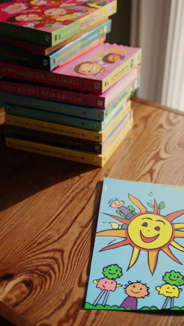 stack of children's books and illustration