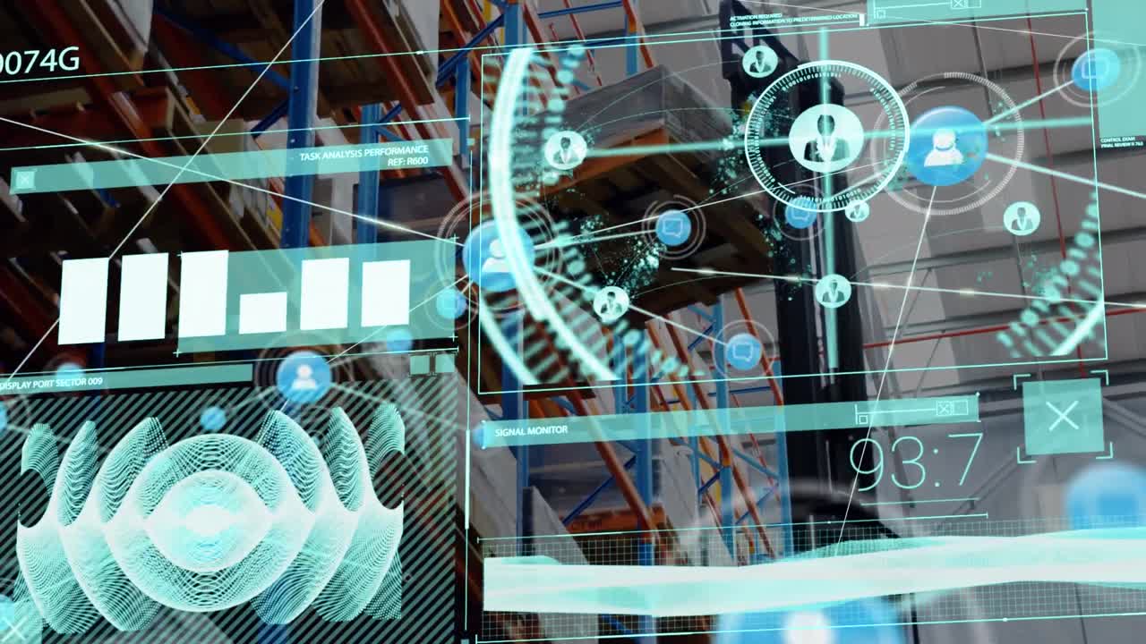 red de iconos de perfil sobre interfaz digital con procesamiento de datos contra carretilla elevadora en el almacén