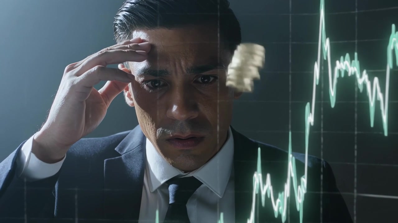 Reacting trader in suit pinching nose watching chart spiking on glass with drifting coins in studio