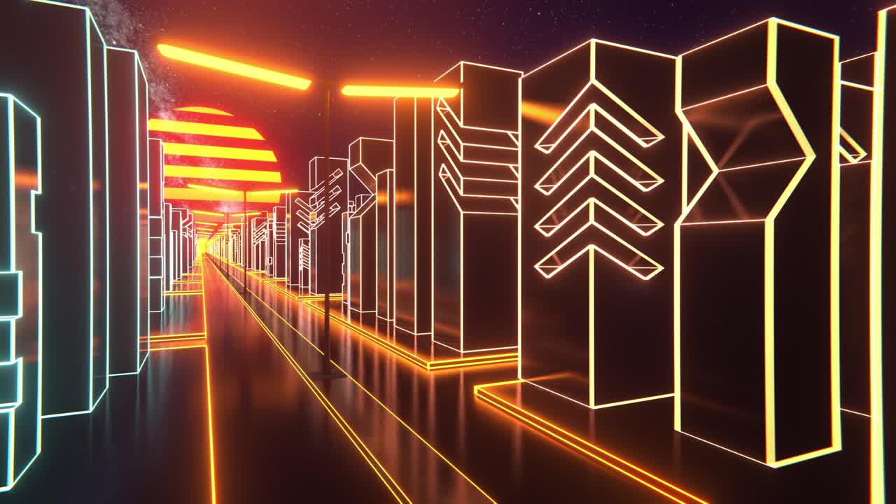 80s night city synthwave vj - 네온 조명, 태양, 별, 레트로 80s 스타일 그리드 태양 별, 오래된 tv 스크린 애니메이션 배경, vj - 레트로 미래주의 도시, 멀리 떨어진 도시 스카이 라인과 함께 해가 지는 쪽으로 운전 - 80s sf 스 비디오