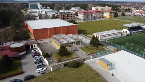 outdoor sports ground and covered hall for indoor sports