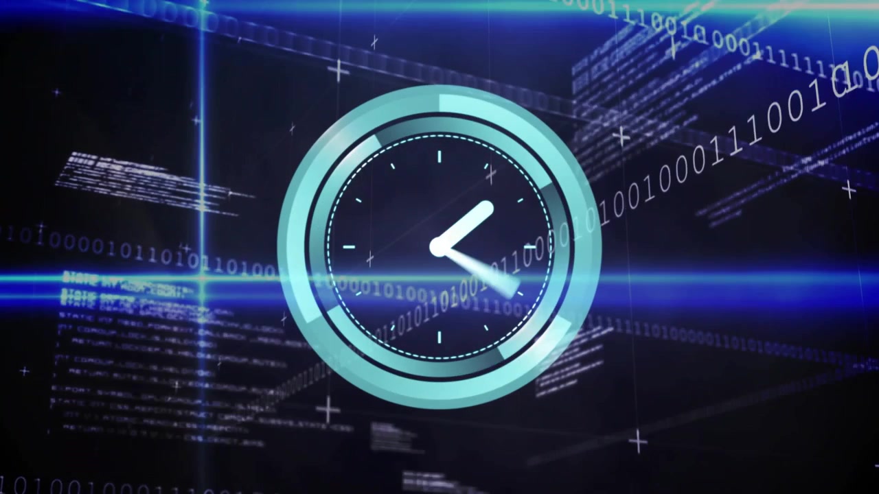 Rotating cyan analog clock pulsing rings in holographic HUD, with blue scanline, streaming binary