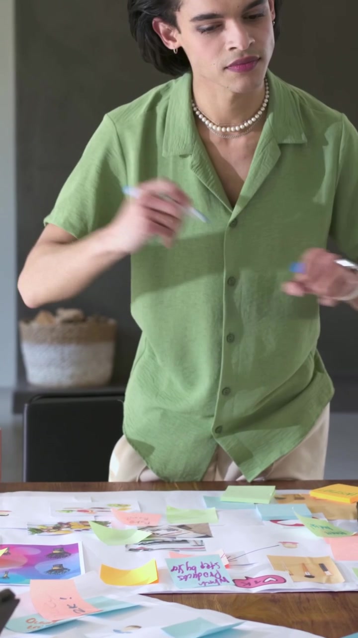 Video verticale: Uomo in camicia che si china per spostare post-it con un pennarello al tavolo per la pianificazione