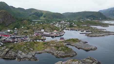 Fischerdorf-Stamsund-Auf-Den-Lofoten,-Norwegen---Luftaufnahme-4k