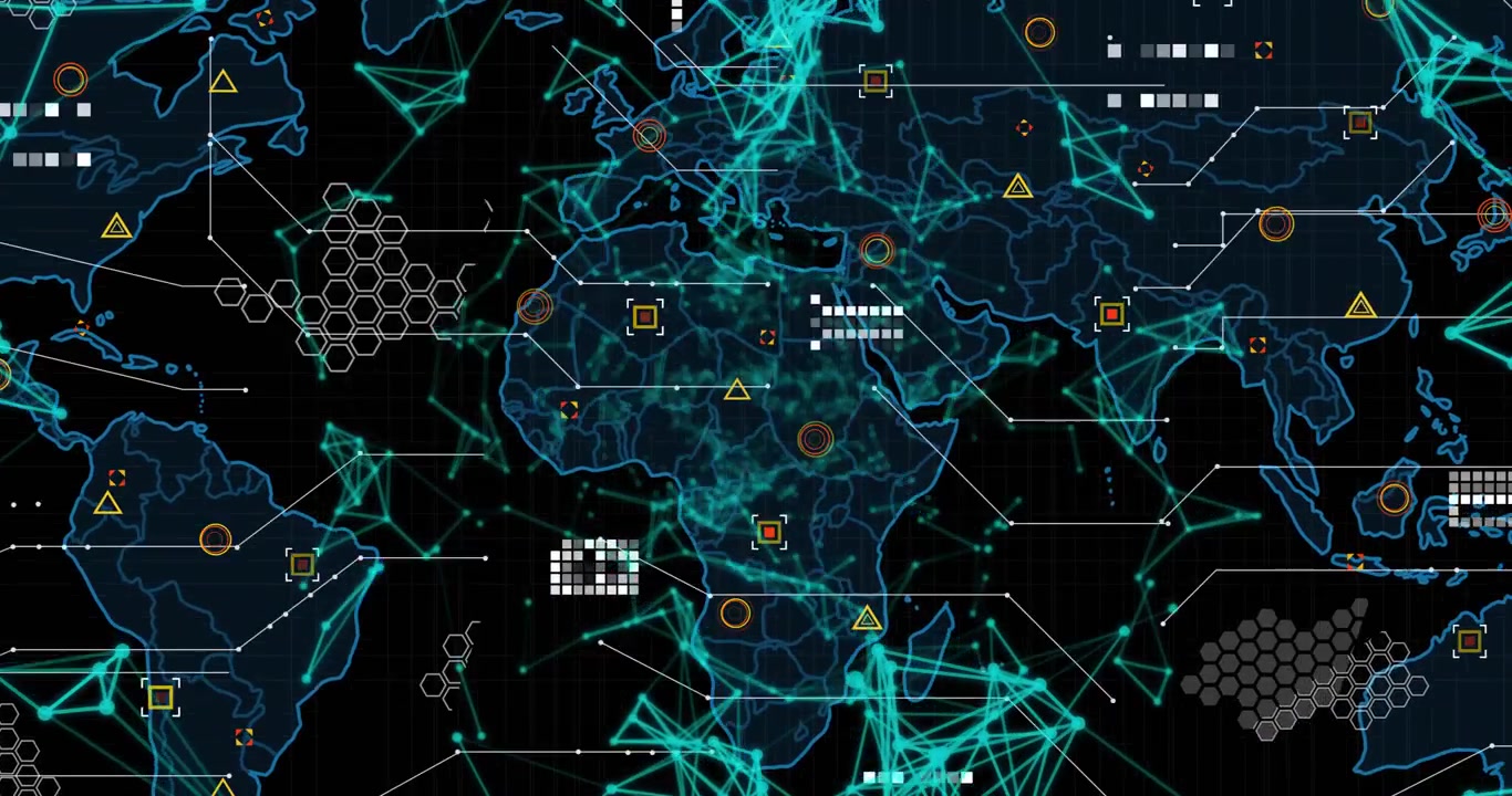 Animation of data processing over world map on dark background