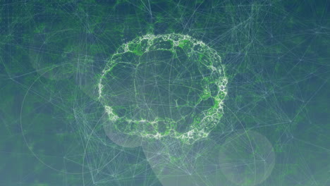 animation of human brain spinning over data processing and network of connections with glowing spots