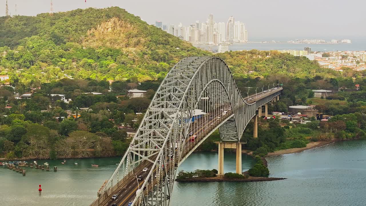 Aerial view of the Americas bridge with Panama city in the background