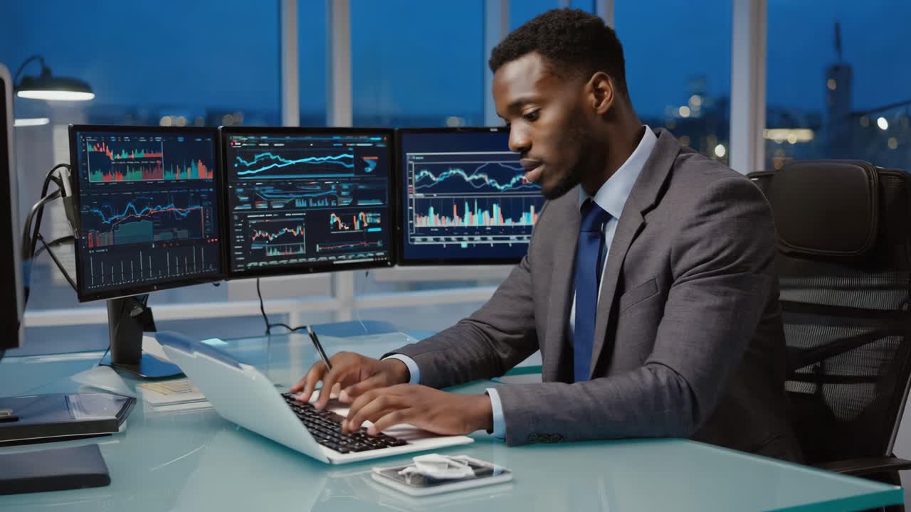 Businessman Analyzing Financial Data on Multiple Screens