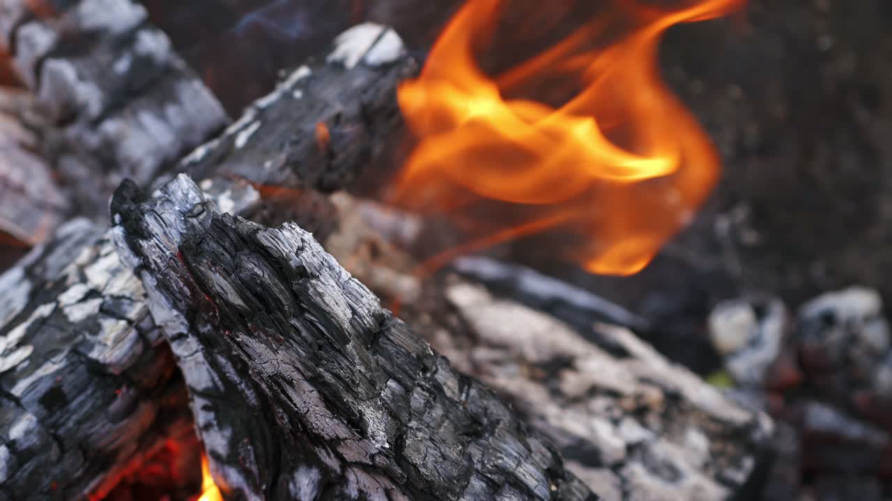 Firewood in flame closeup. Detailed close up of warm fire with tongue of flame