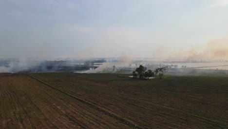 aerial descending footage from a distance of grass burning and smoke blown by the wind to the right, grassland burning, pak pli, nakhon nayok, thailand