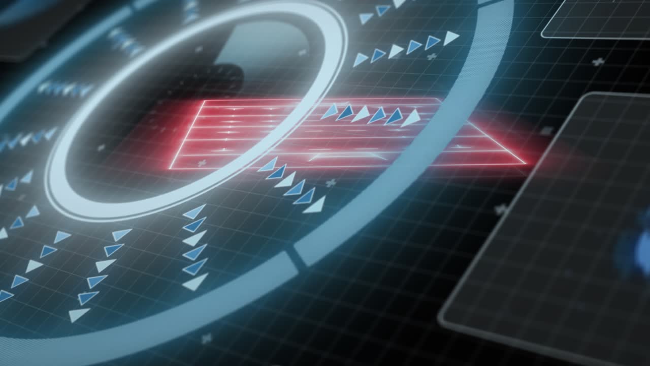 Animation of data processing over digital stadium on black background