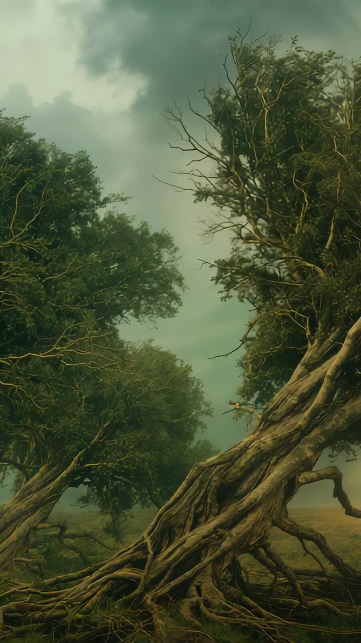 Vertical video: Panning cam revealing leaning tree and braided trunk in meadow under storm clouds