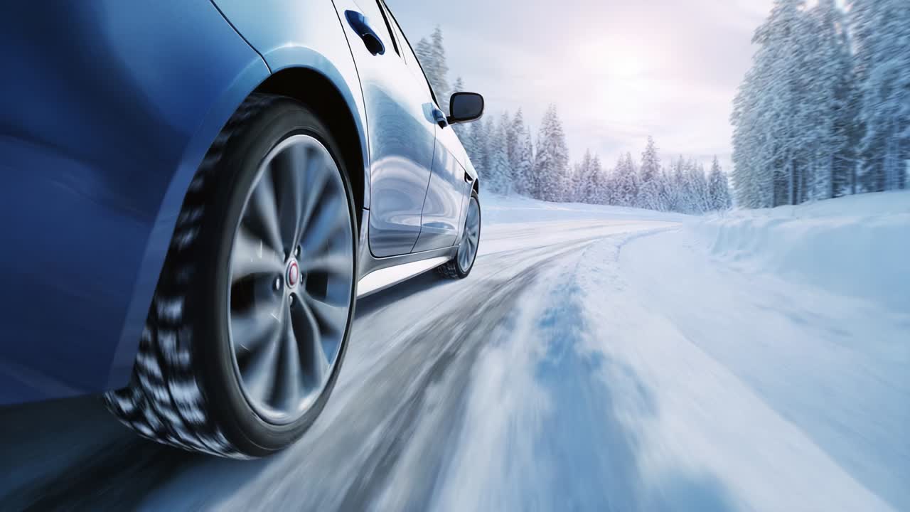 A car navigating through a snowy landscape, demonstrating the challenges and beauty of winter driving, with tire tracks creating a path through the pristine, white snow under a serene sky