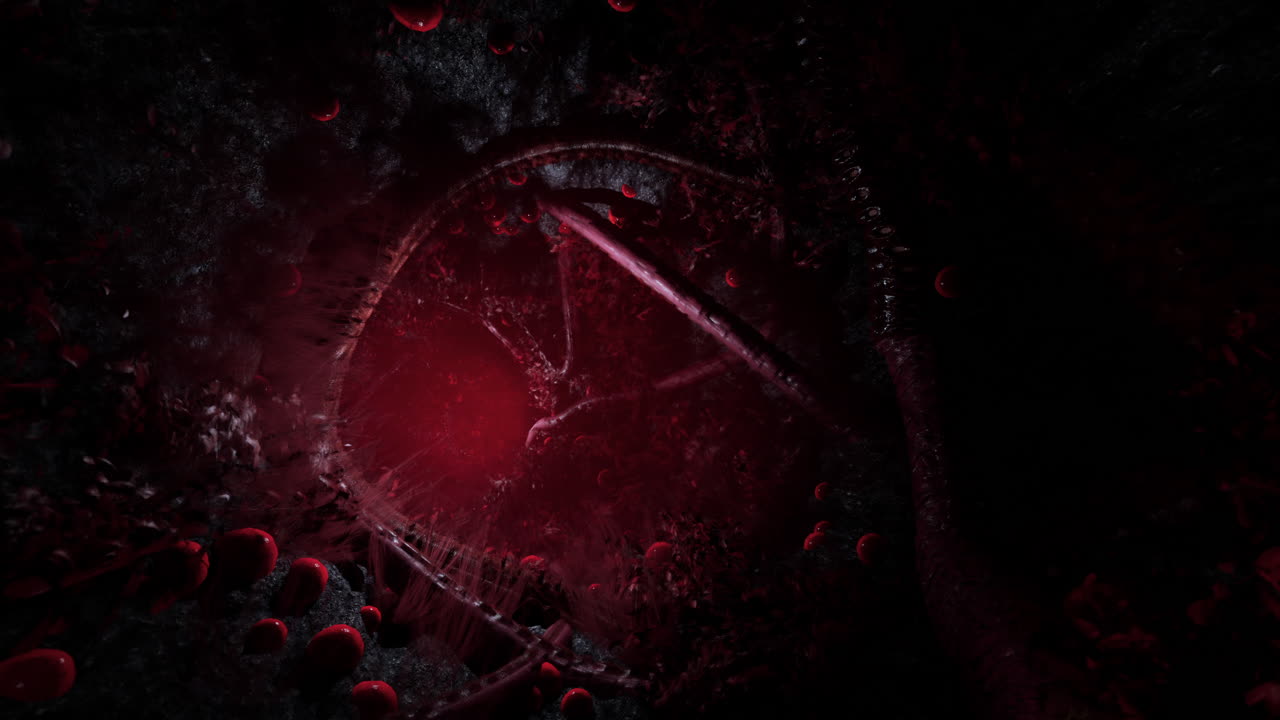 Abstract Red Tunnel with Glowing Organic Structures