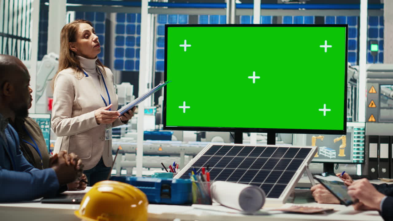 Businesspeople In Photovoltaics Plant Look At Data On Mockup Display