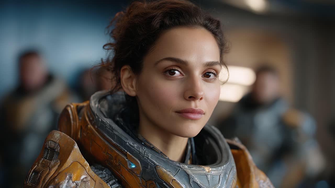 A Captivating Portrait of a Resilient Heroine in Futuristic Armor, Set Against a High-Tech Background, Symbolizing Strength and Determination in the Face of Adversity