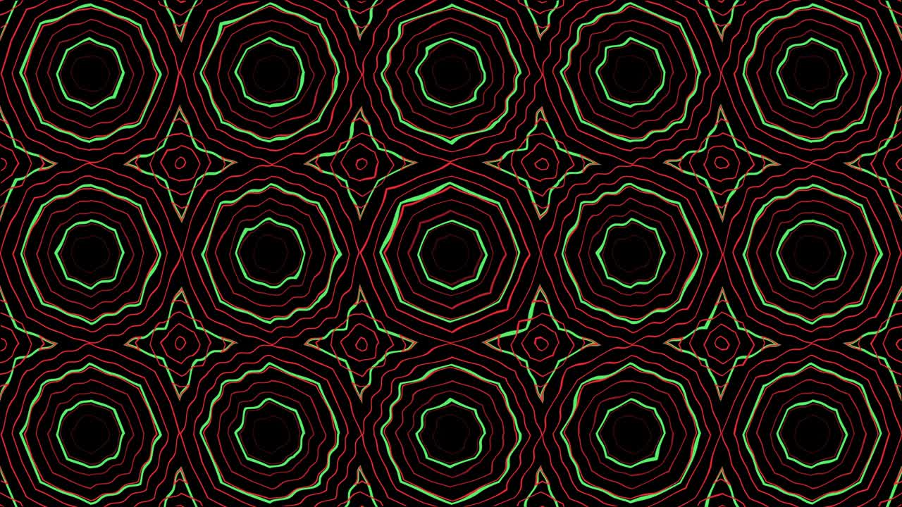 Linhas verdes e vermelhas em animação de mosaico com padrão decorativo. Conceito de fundo de gráfico de movimento digital simples.