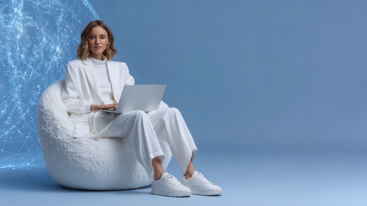 A Thoughtful Professional Engaged with Technology: A Modern Individual Sitting Comfortably in a Stylish Chair Using a Laptop Against a Blue Background with a Digital Network Design