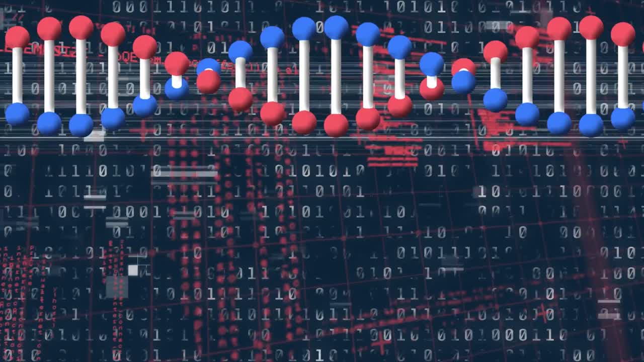 Animation of data processing and dna strand over dark background