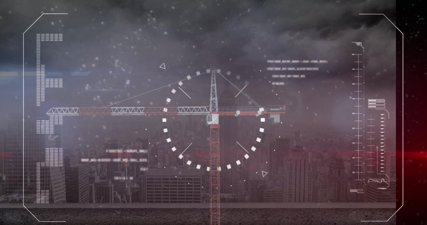 Animazione di una gru e di elaborazione dati su un paesaggio urbano.