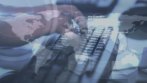 animación de estadísticas y procesamiento de datos financieros sobre la persona que escribe en el teclado de la computadora