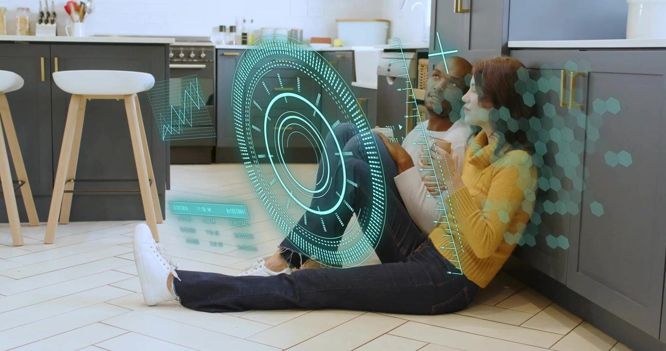 Woman lifting mug and man shifting gaze as hologram activating hexagon grid for technology