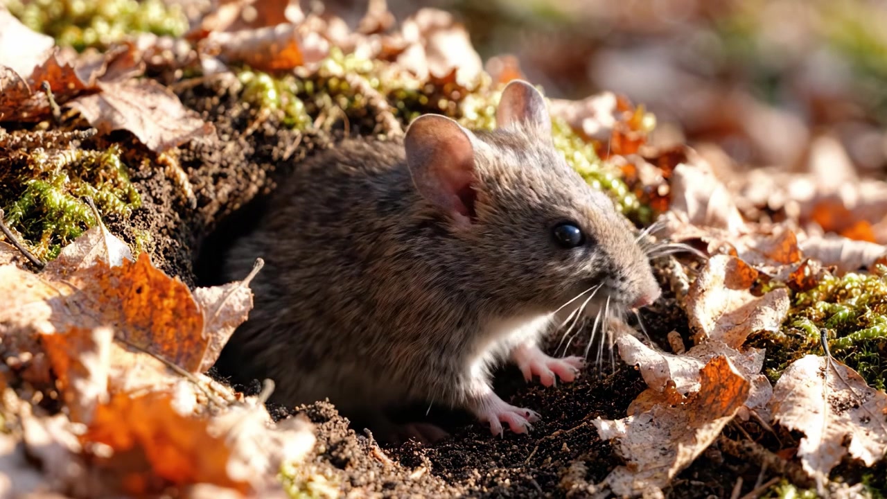 Un topolino curioso che emerge dalla sua tana in una foresta, circondato da foglie cadute e muschio, mostrando la bellezza della natura e della fauna selvatica in autunno.
