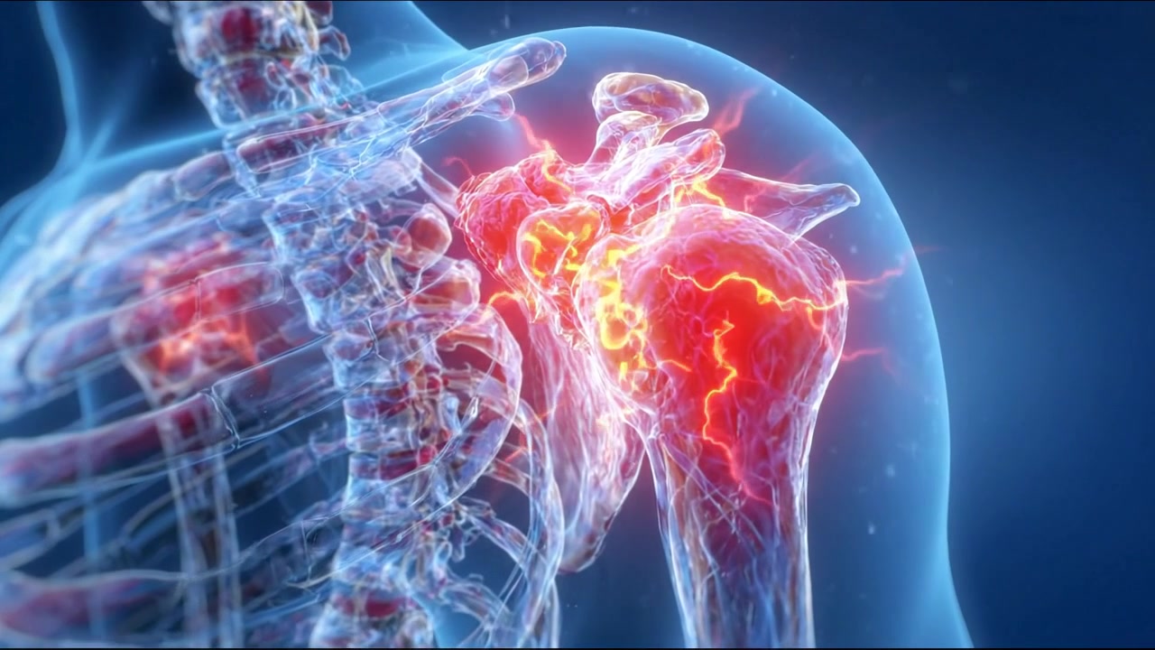 Visualizzazione dell'anatomia della spalla umana con tessuto articolare brillantemente evidenziato