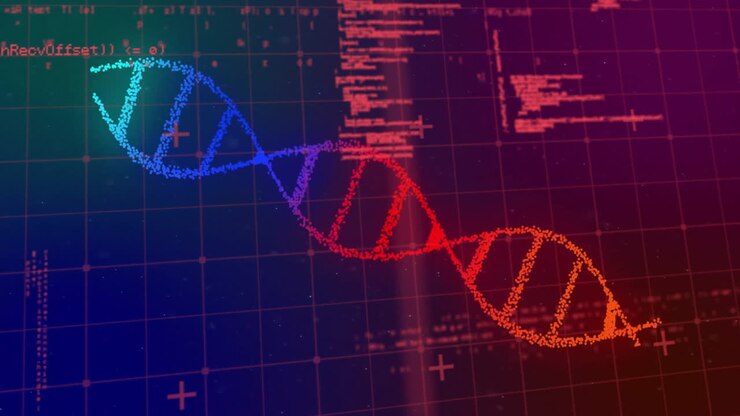 Animation of data processing over dna strand on black backgroud