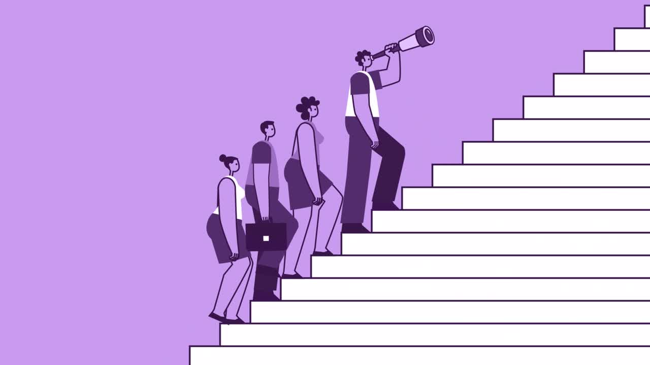 grupo de estilo púrpura de personas subiendo escaleras con el hombre líder personaje plano. animación de bucle aislado con canal alfa