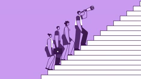 grupo de estilo púrpura de personas subiendo escaleras con el hombre líder personaje plano. animación de bucle aislado con canal alfa