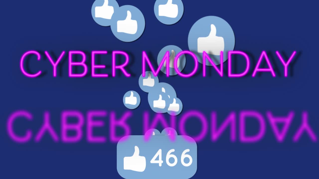 Animazione di testo Cyber Monday e icone digitali online di social media con numeri.