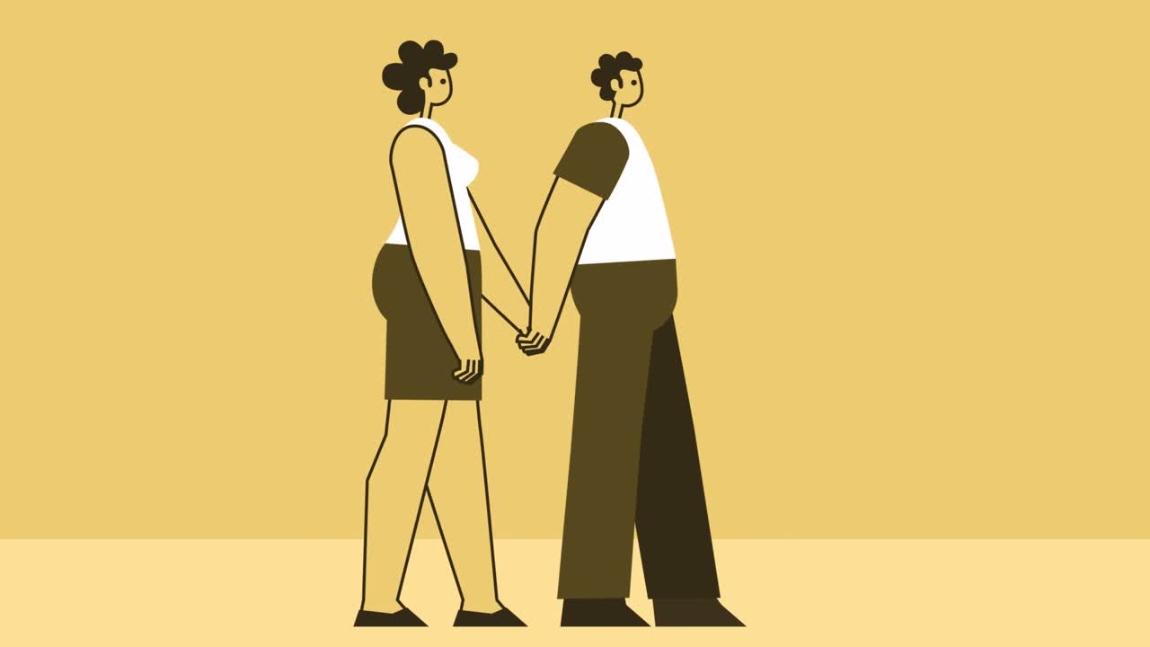 estilo amarillo hombre y mujer personajes planos caminan juntos tomados de la mano. animación de bucle aislado con canal alfa