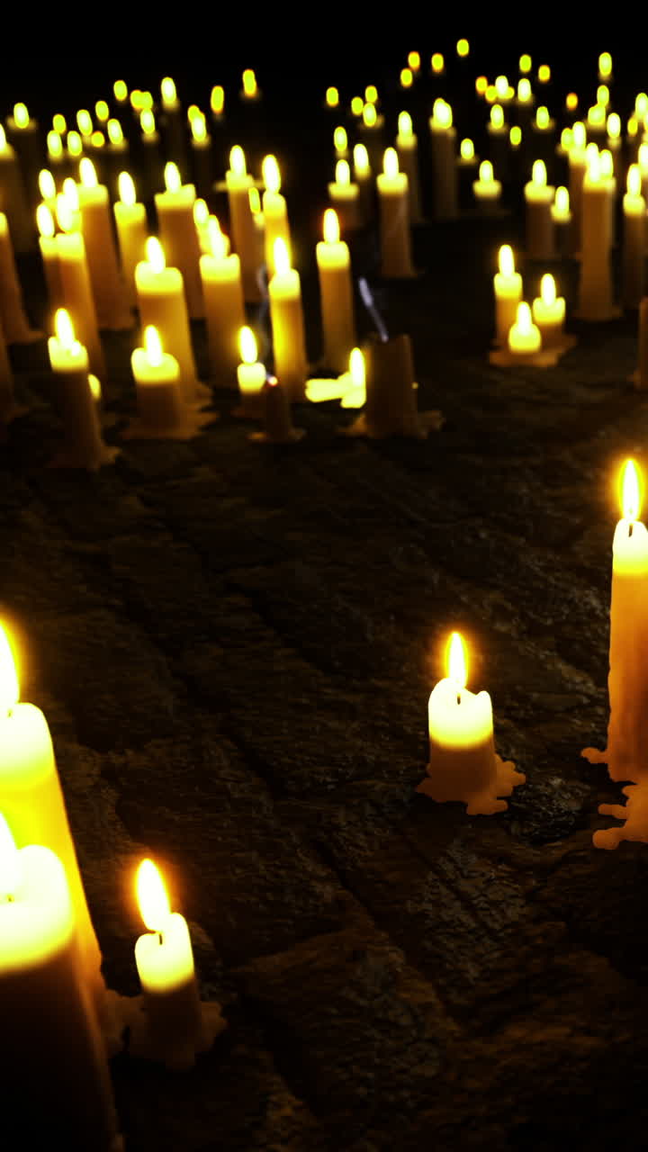 Candele accese a terra in uno spazio buio per un evento serale.