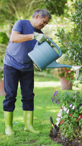 vertical video of happy senior biracial man gardening on sunny day in garden
