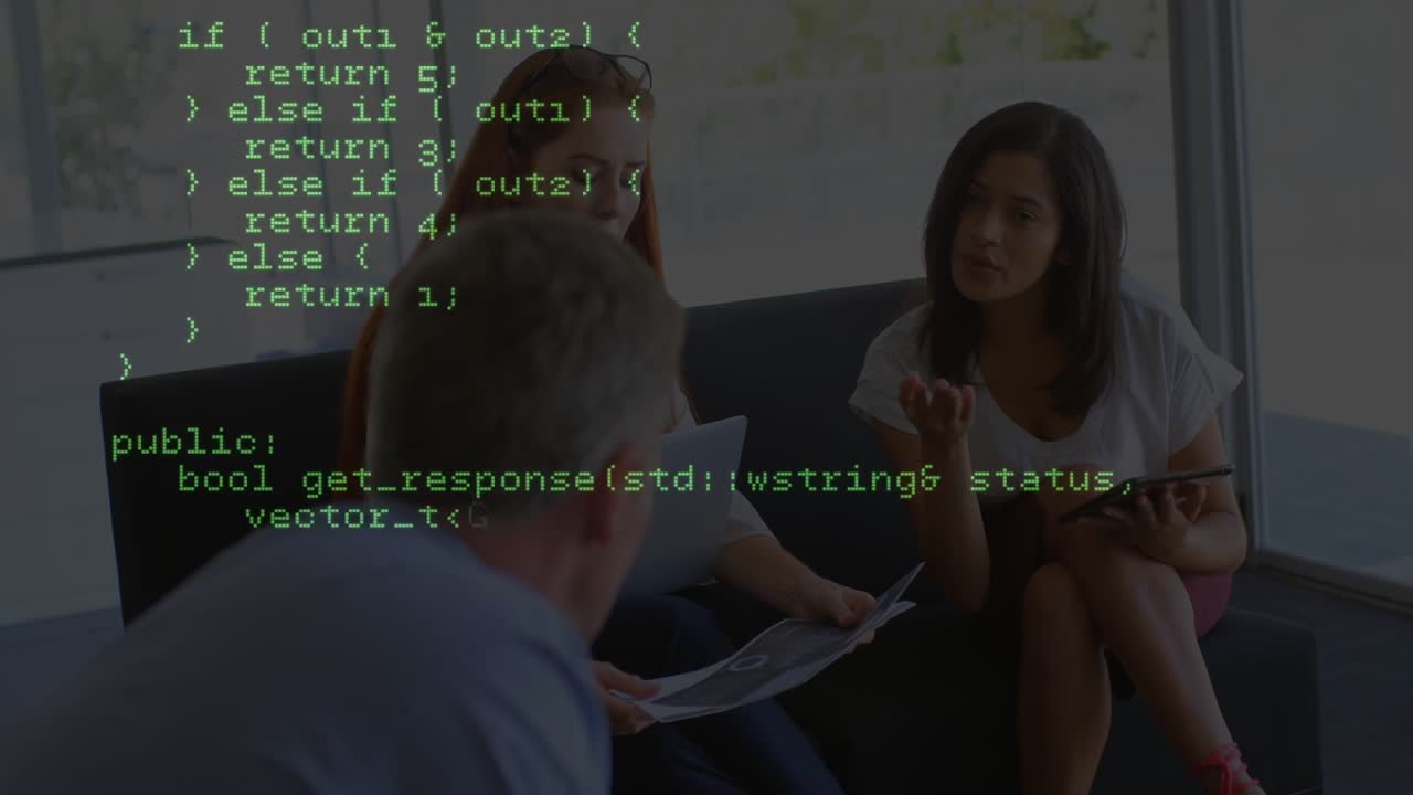When red-haired developer typing, team reviewing functions under C++ overlay and discussing logic