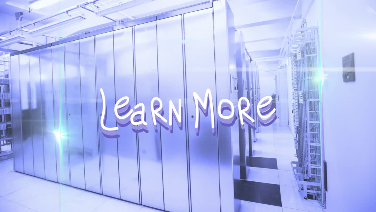 Animation of modern data center with metallic server racks and Learn More text