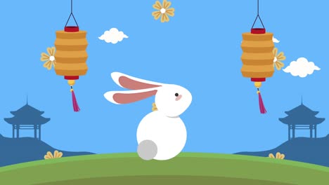 feliz animación del festival de mediados de otoño con el conejo y la escena de las lámparas