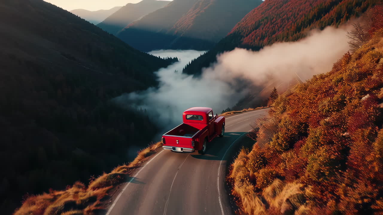 Vintage Truck on a Scenic Mountain Road at Sunset